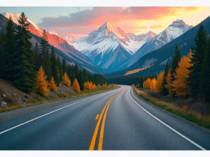 Create a photo gallery style collage featuring the most scenic spots on the way to Canada. Show breathtaking landscapes such as snow-capped Rocky Mountains, pine forests, crystal-clear lakes, winding highways, waterfalls, and charming small towns along the road. Capture a mix of sunrise, sunset, and daytime views with vibrant colors and high detail, giving a sense of travel adventure and natural beauty. The layout should feel like a modern travel photo gallery with a clean, inspiring aesthetic. 