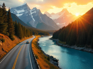 Create a photo gallery style collage featuring the most scenic spots on the way to Canada. Show breathtaking landscapes such as snow-capped Rocky Mountains, pine forests, crystal-clear lakes, winding highways, waterfalls, and charming small towns along the road. Capture a mix of sunrise, sunset, and daytime views with vibrant colors and high detail, giving a sense of travel adventure and natural beauty. The layout should feel like a modern travel photo gallery with a clean, inspiring aesthetic. 