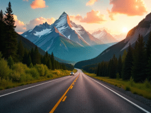 Create a photo gallery style collage featuring the most scenic spots on the way to Canada. Show breathtaking landscapes such as snow-capped Rocky Mountains, pine forests, crystal-clear lakes, winding highways, waterfalls, and charming small towns along the road. Capture a mix of sunrise, sunset, and daytime views with vibrant colors and high detail, giving a sense of travel adventure and natural beauty. The layout should feel like a modern travel photo gallery with a clean, inspiring aesthetic.